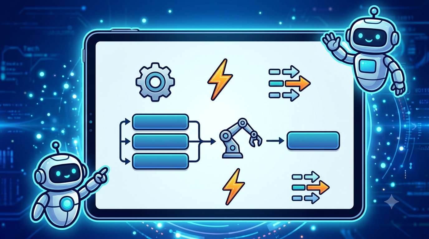 Robots illustrating an automated workflow on a digital screen